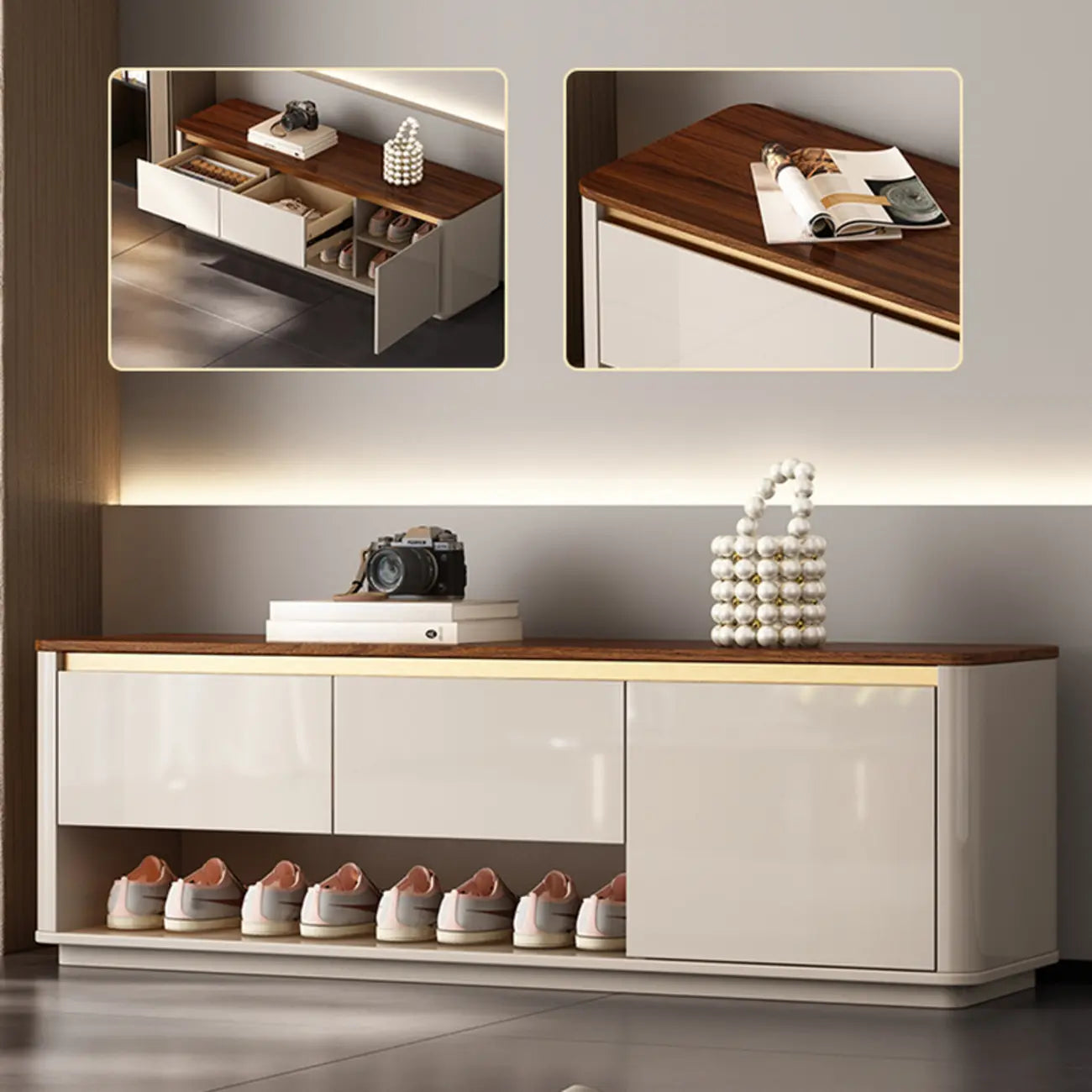 2-Drawer Brown Wooden Entryway Bench with Shoe Storage