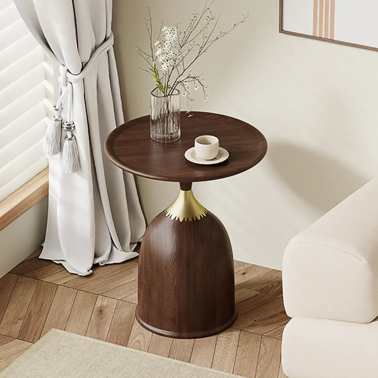 Walnut Steel Round End Table with Abstract Base