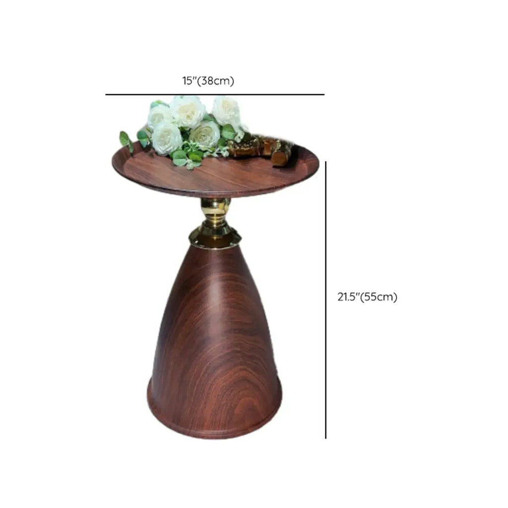 Walnut Steel Round End Table with Abstract Base