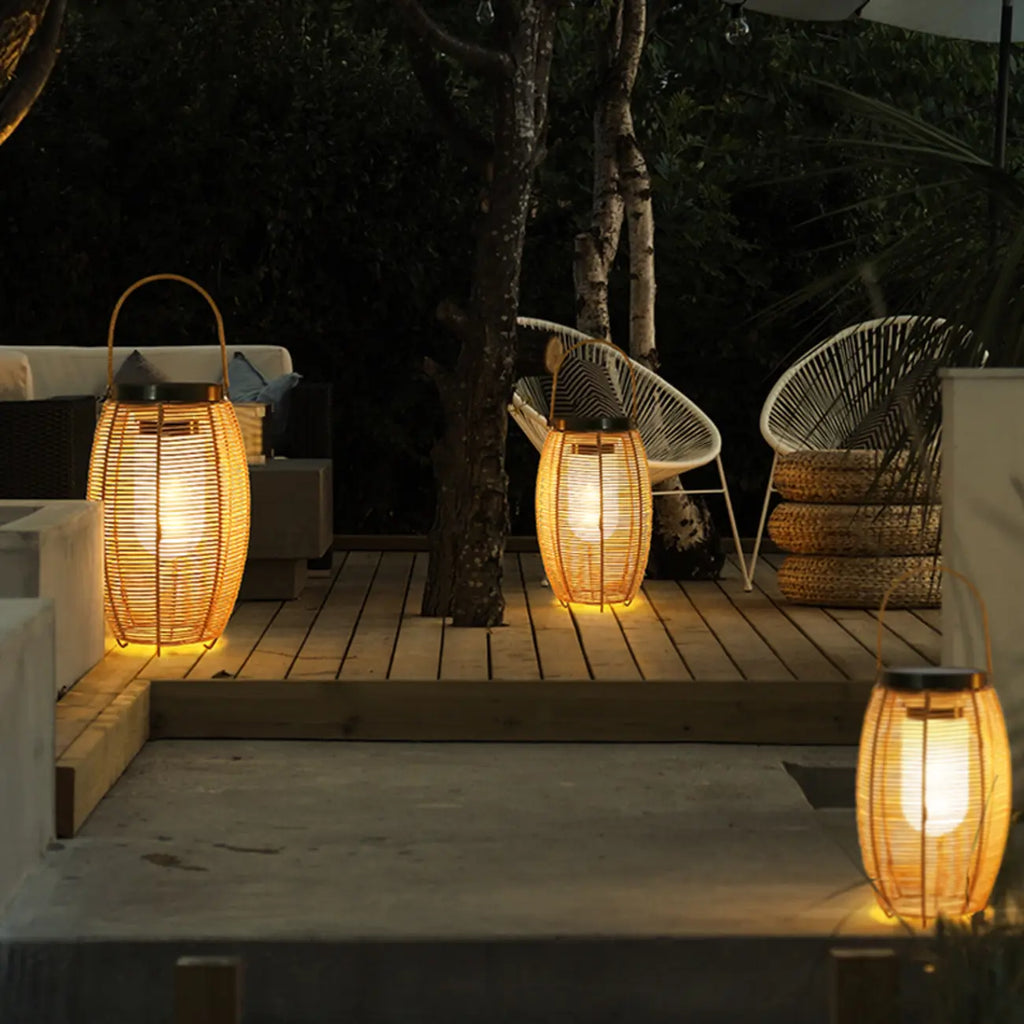 Portable Brown Woven Lantern Solar Outdoor Post Lights