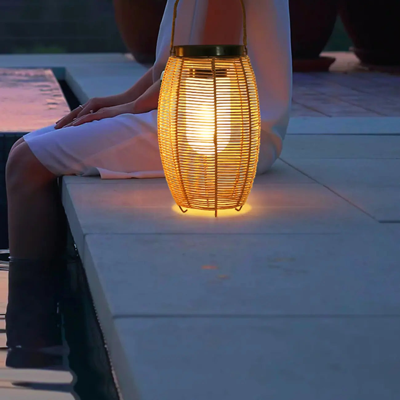 Portable Brown Woven Lantern Solar Outdoor Post Lights
