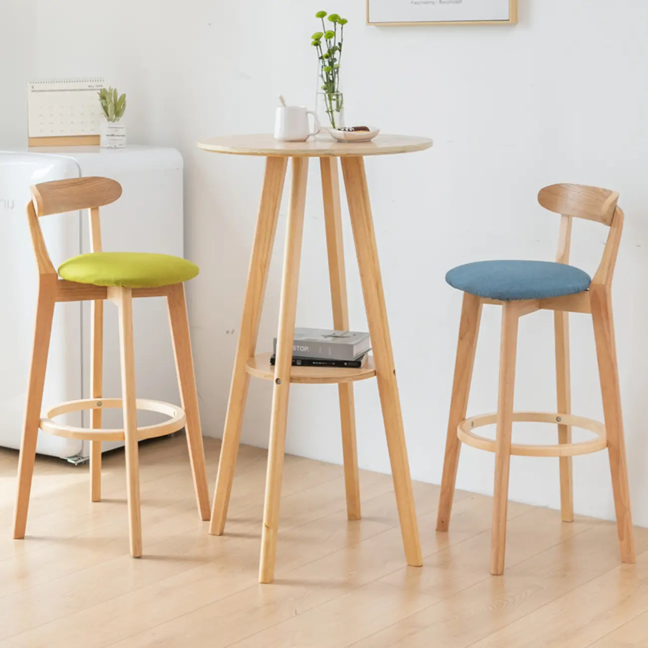 Natural Wood Round Bar Table with Shelf for Kitchen Dining