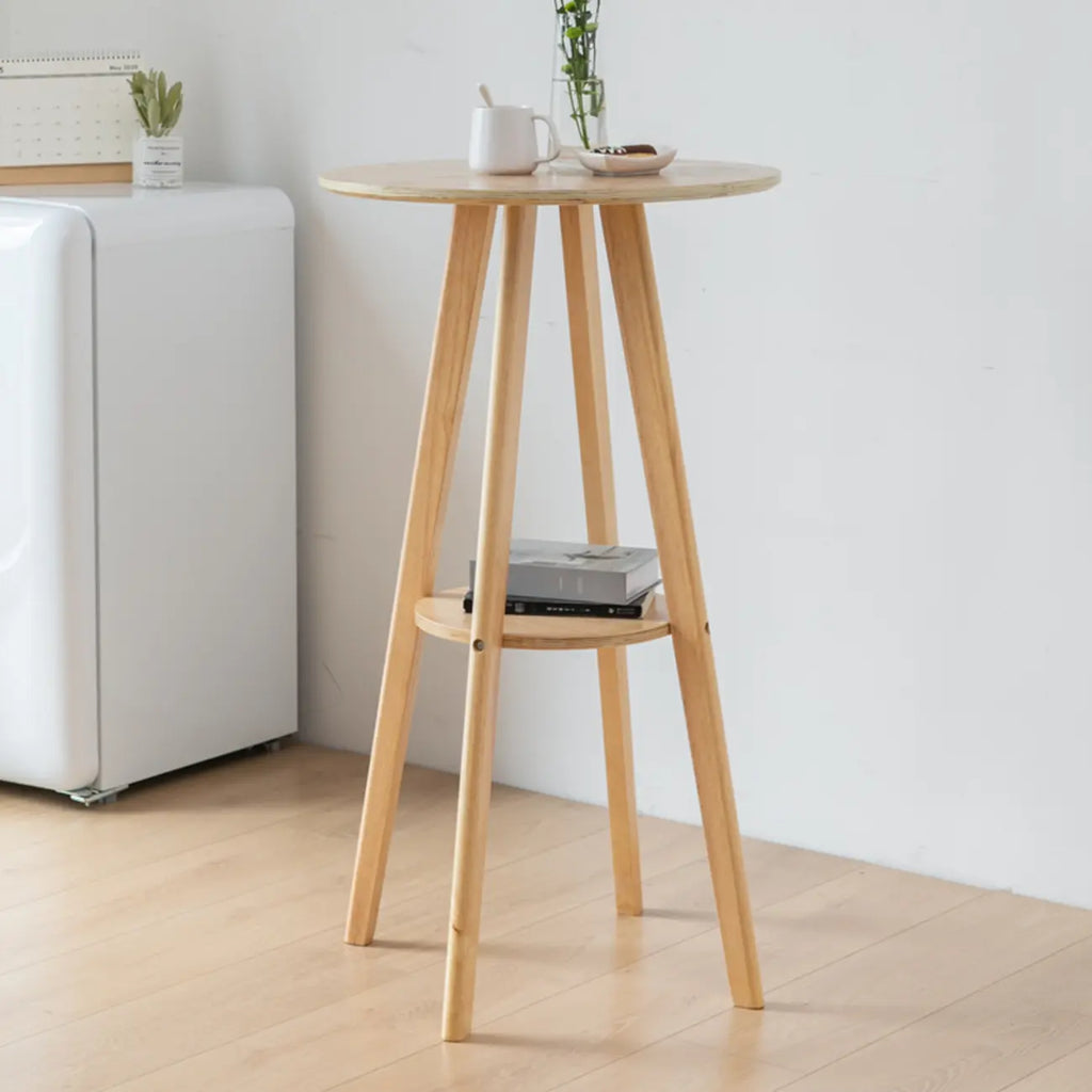 Natural Wood Round Bar Table with Shelf for Kitchen Dining
