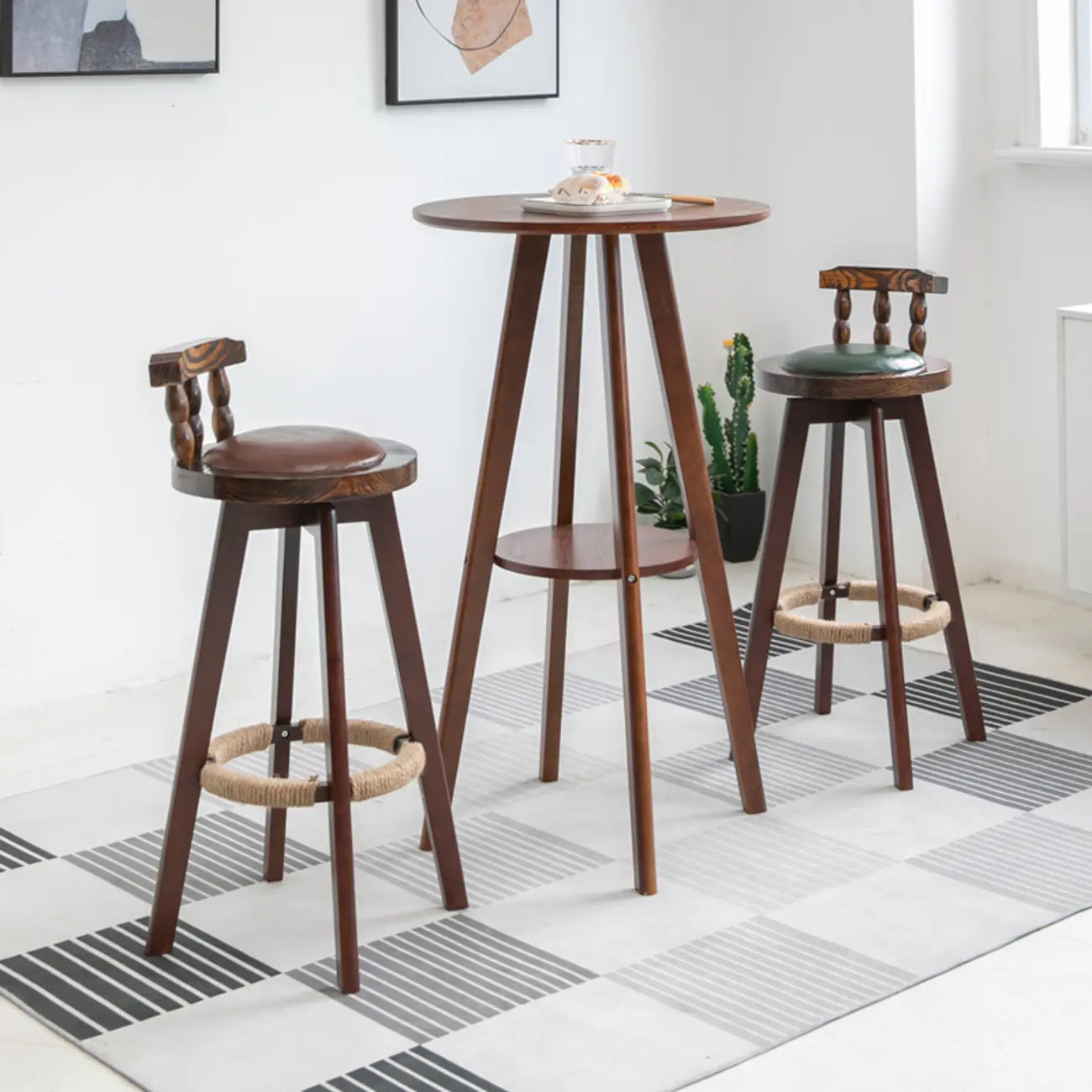 Natural Wood Round Bar Table with Shelf for Kitchen Dining