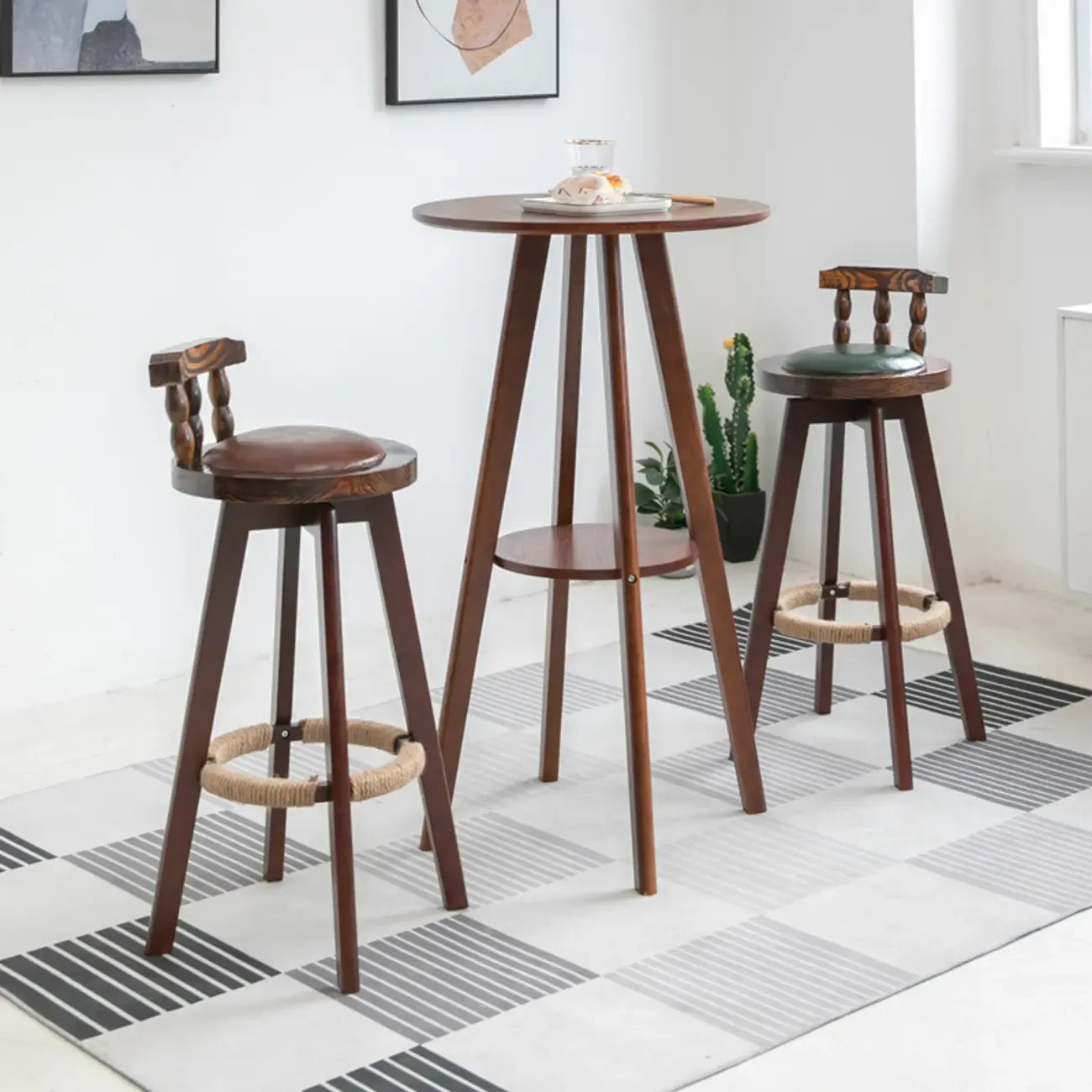 Natural Wood Round Bar Table with Shelf for Kitchen Dining