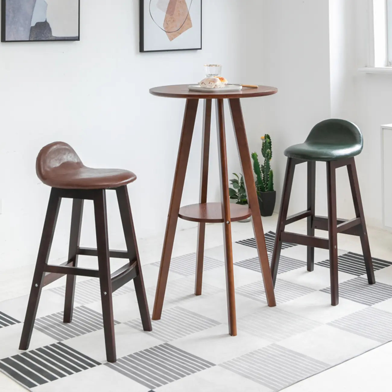 Natural Wood Round Bar Table with Shelf for Kitchen Dining