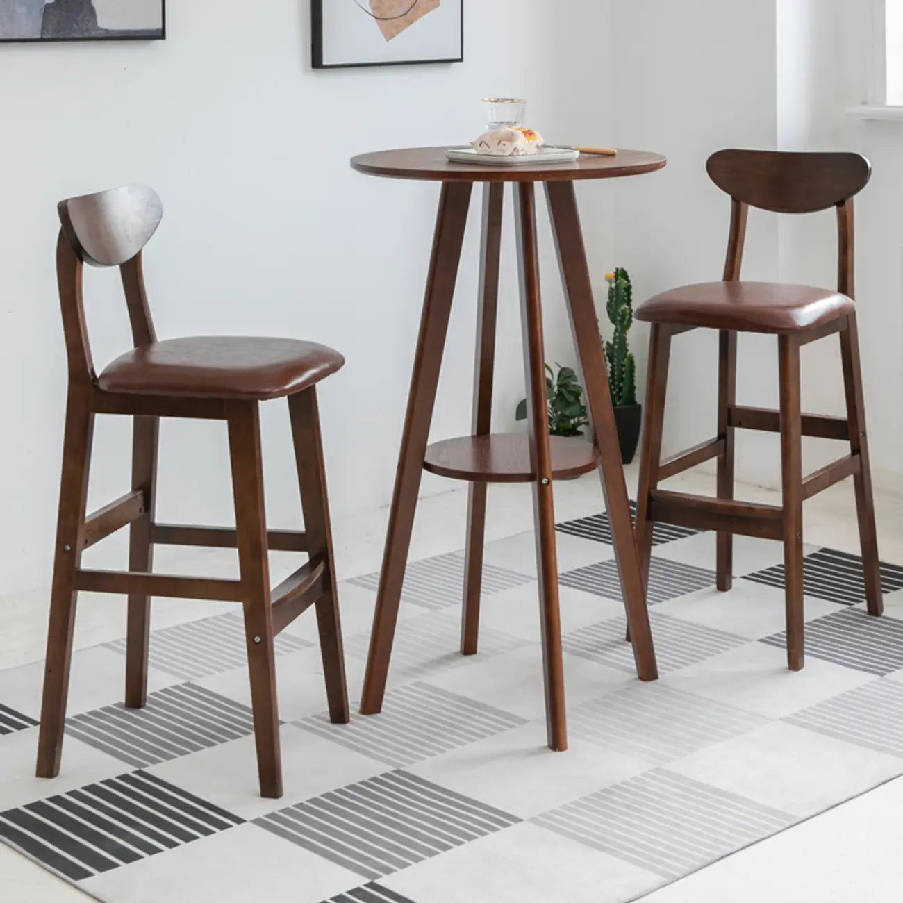 Natural Wood Round Bar Table with Shelf for Kitchen Dining