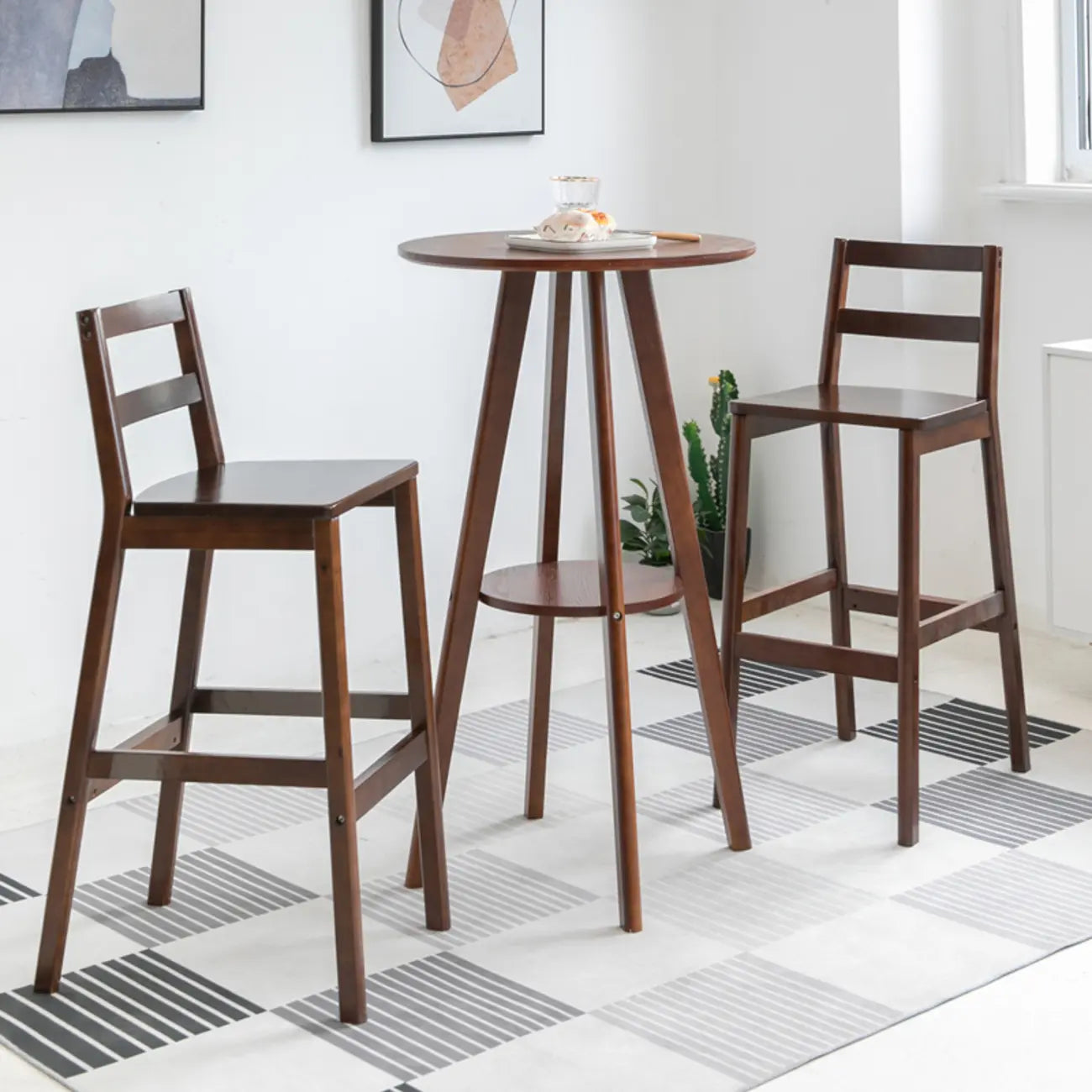 Natural Wood Round Bar Table with Shelf for Kitchen Dining