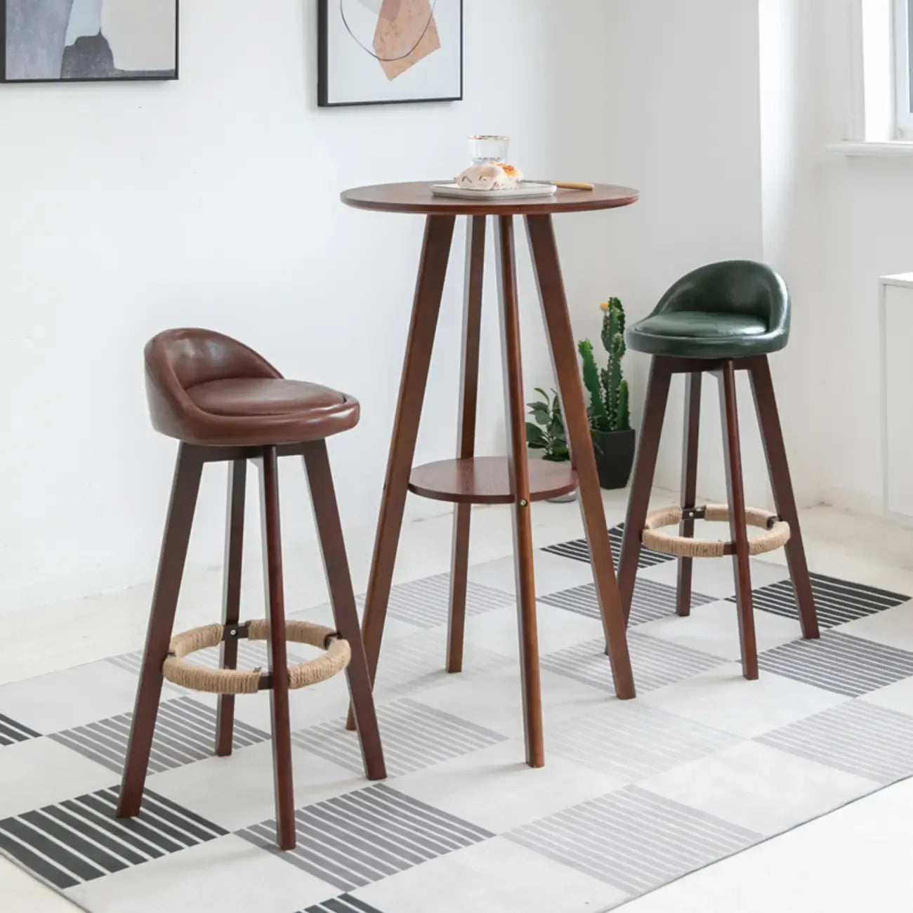 Natural Wood Round Bar Table with Shelf for Kitchen Dining