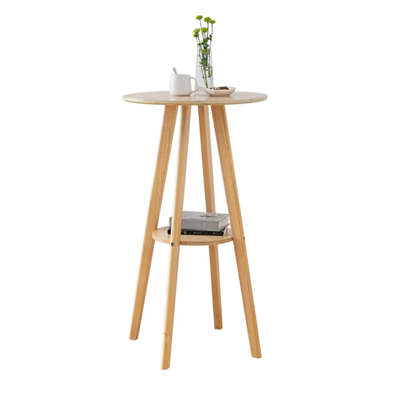 Natural Wood Round Bar Table with Shelf for Kitchen Dining