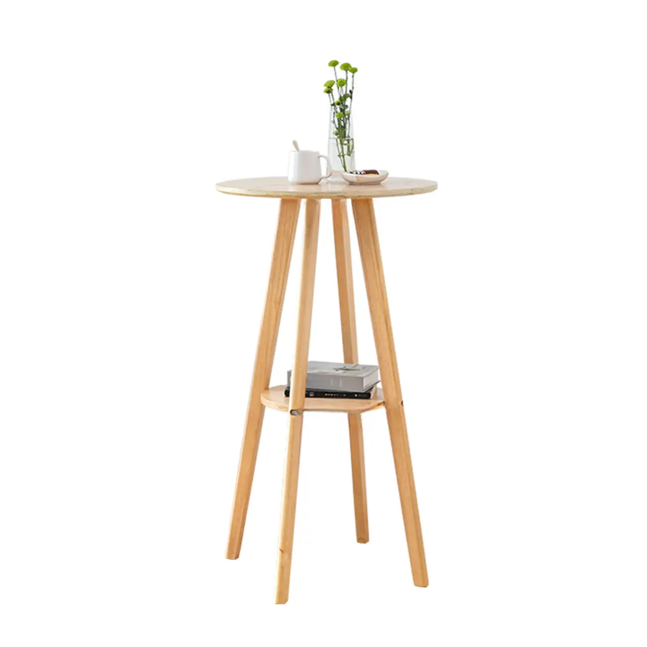 Natural Wood Round Bar Table with Shelf for Kitchen Dining