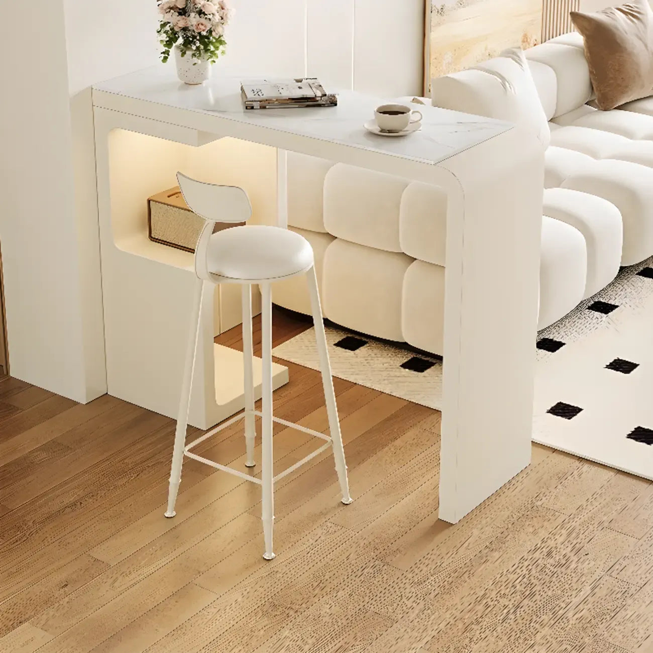 Off-White Rectangle Bar Table Stone Top with Shelves for Foyer