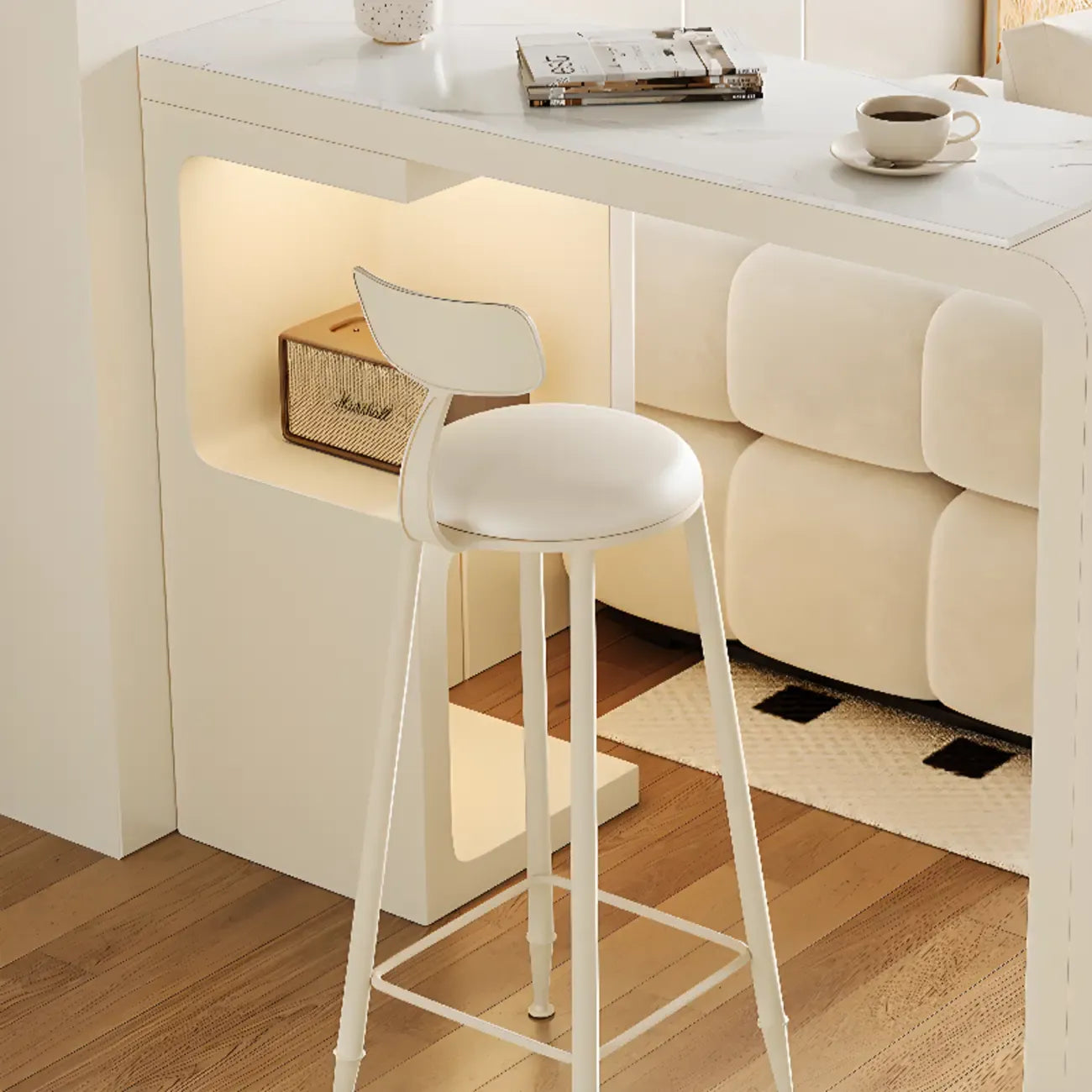 Off-White Rectangle Bar Table Stone Top with Shelves for Foyer