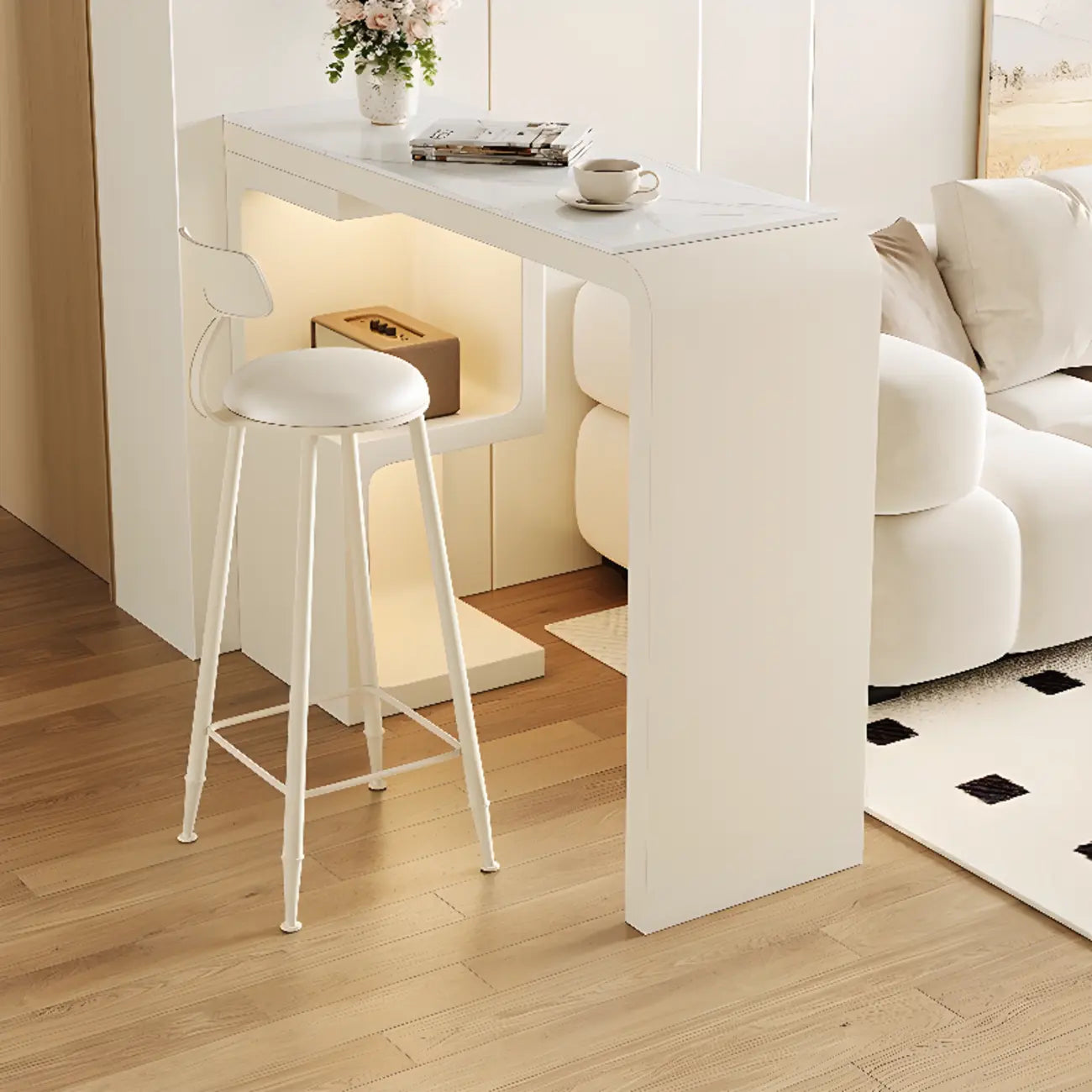 Off-White Rectangle Bar Table Stone Top with Shelves for Foyer