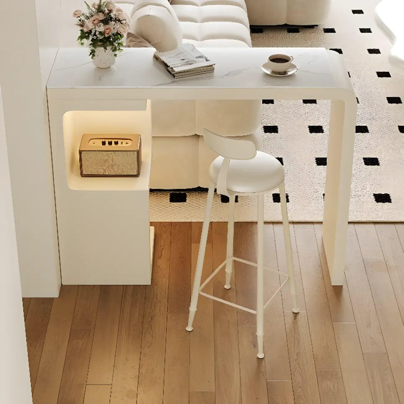 Off-White Rectangle Bar Table Stone Top with Shelves for Foyer