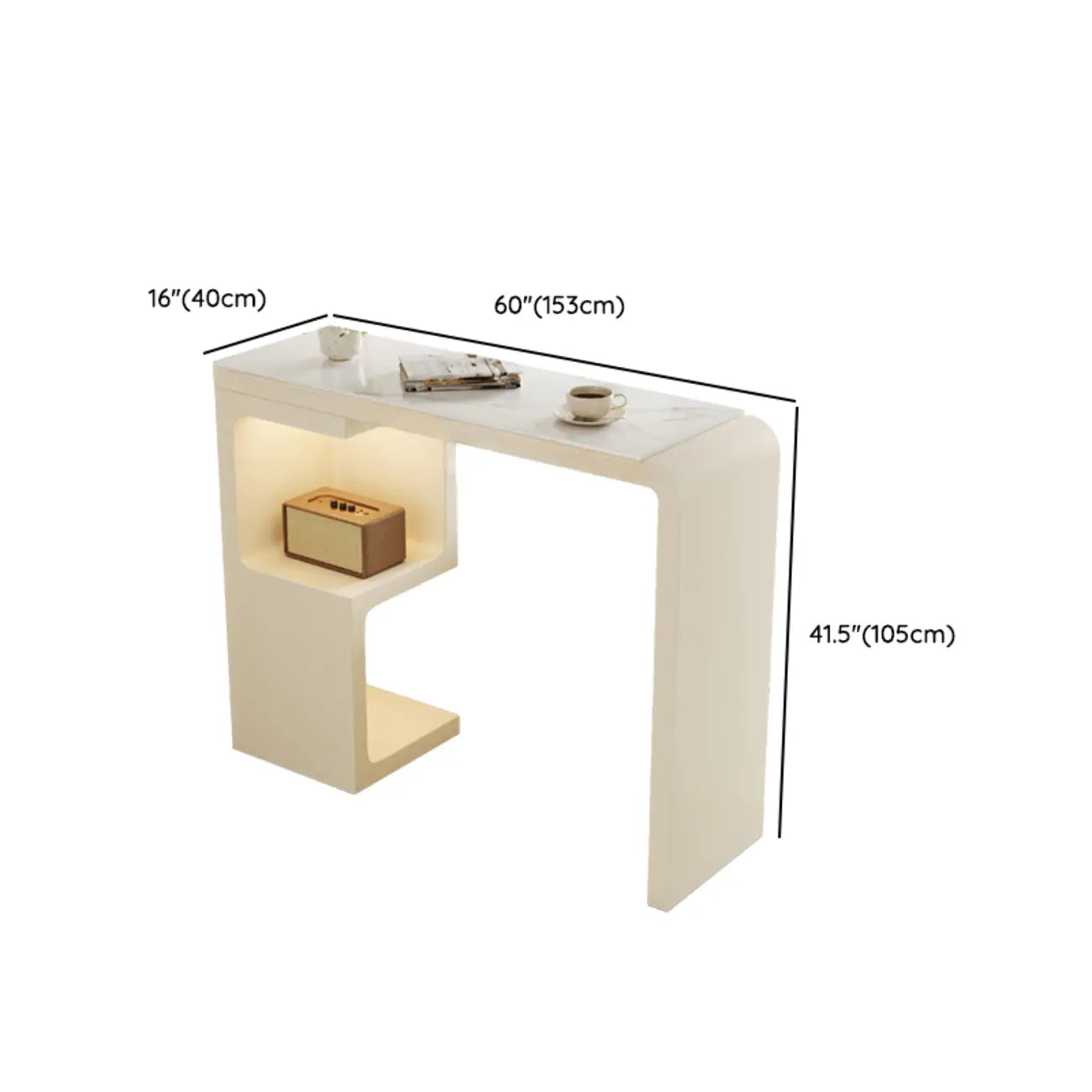 Off-White Rectangle Bar Table Stone Top with Shelves for Foyer