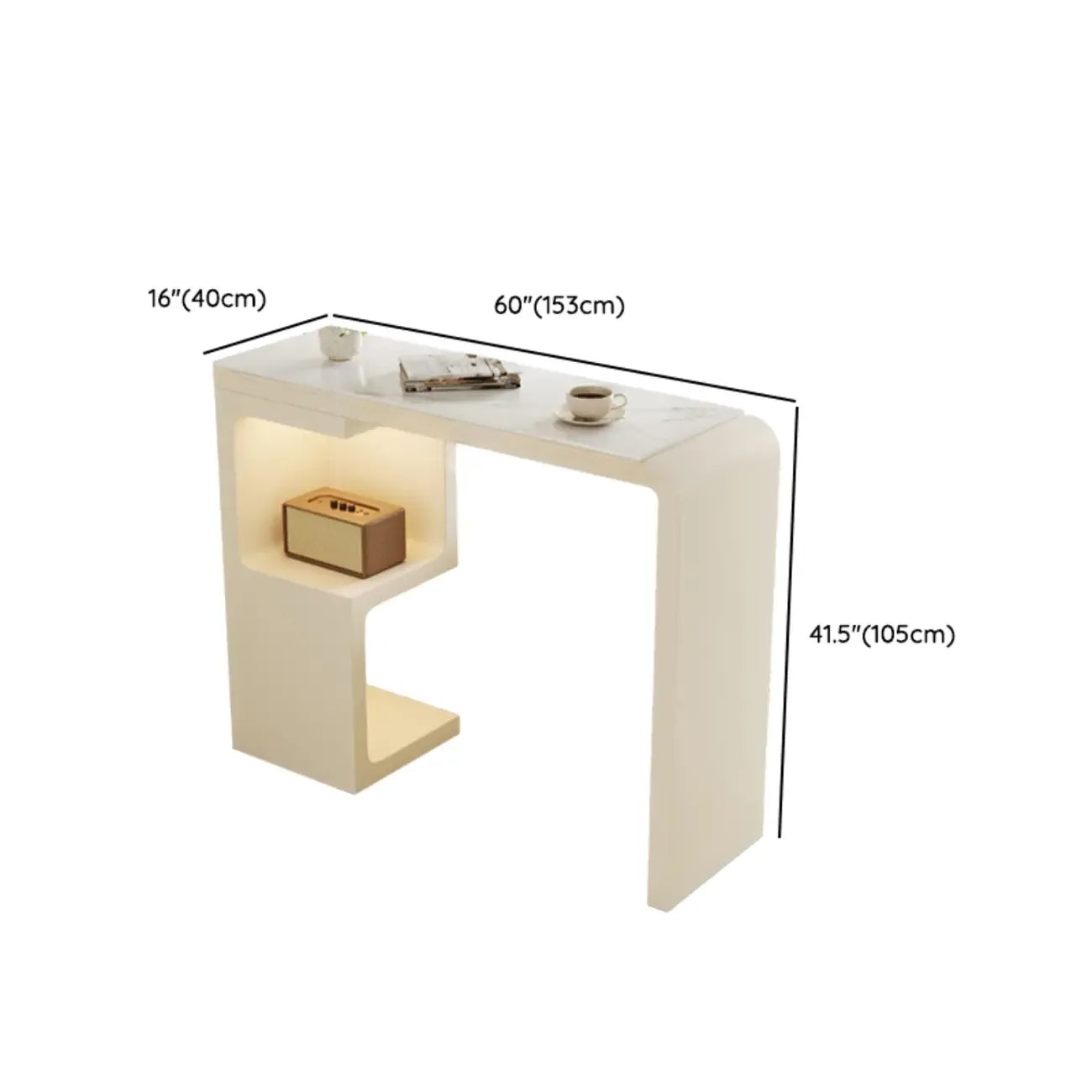 Off-White Rectangle Bar Table Stone Top with Shelves for Foyer