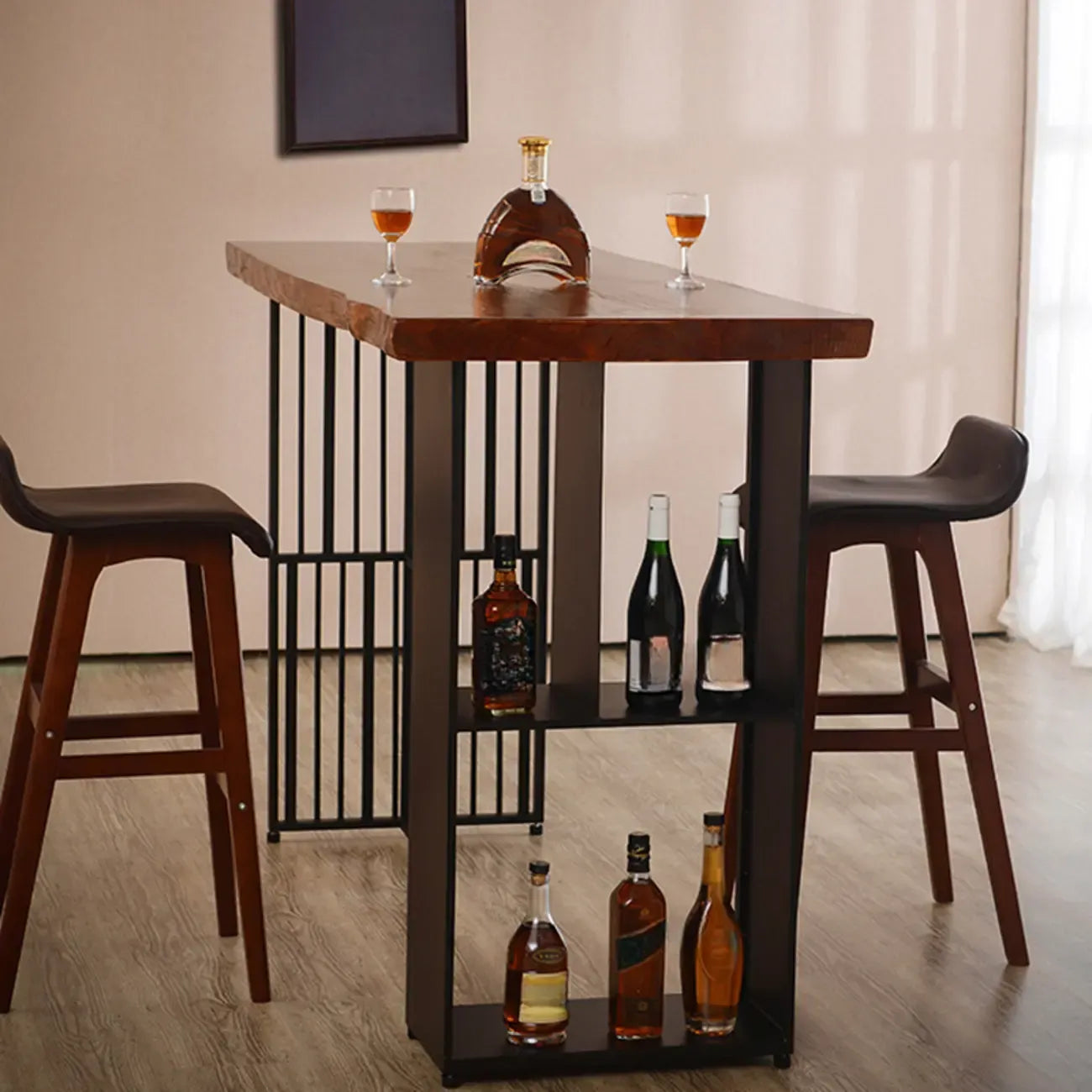 Brown Wooden Bar Height Table with Shelf Storage for Dining