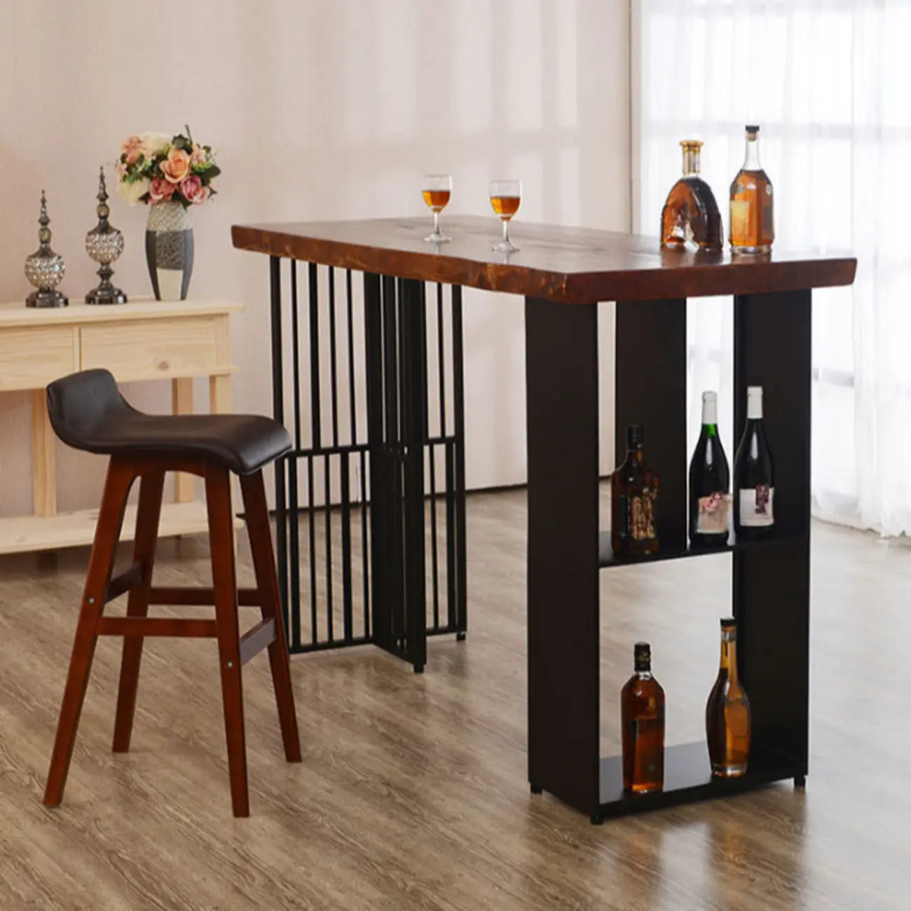 Brown Wooden Bar Height Table with Shelf Storage for Dining