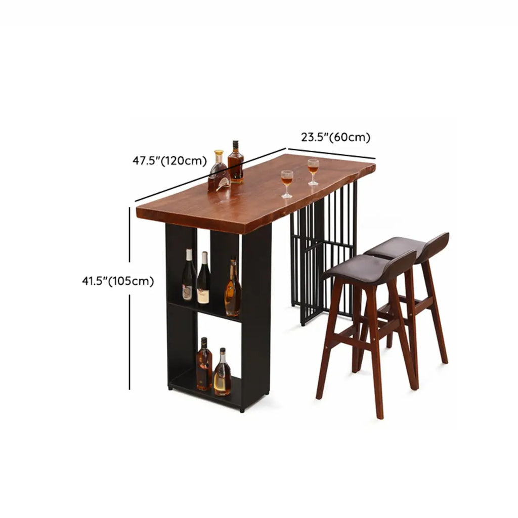 Brown Wooden Bar Height Table with Shelf Storage for Dining