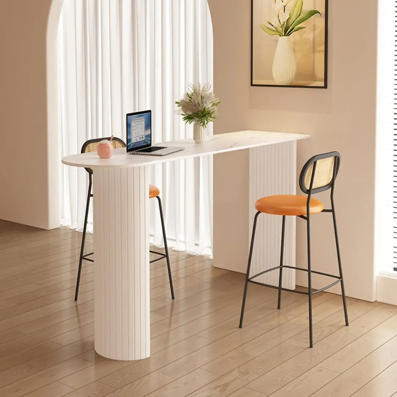 Modern Bar Height Table Stone Top Free Form Double Pedestal