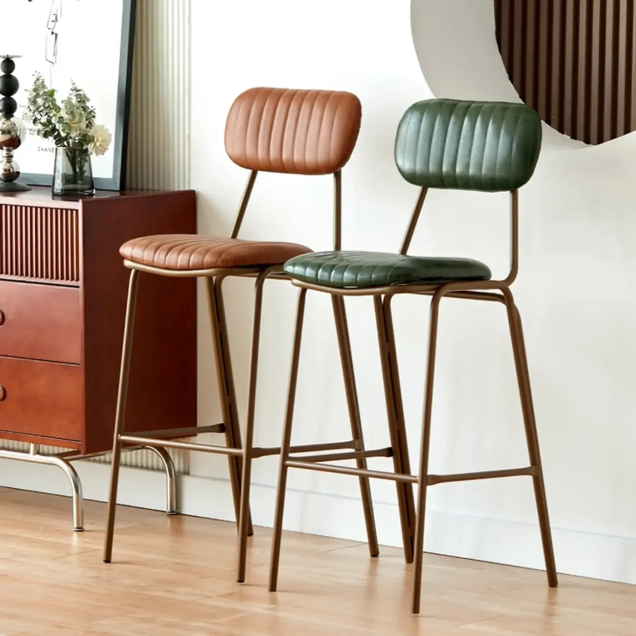 Mid Century Modern Leather Gold Frame Bar Stools with Backs