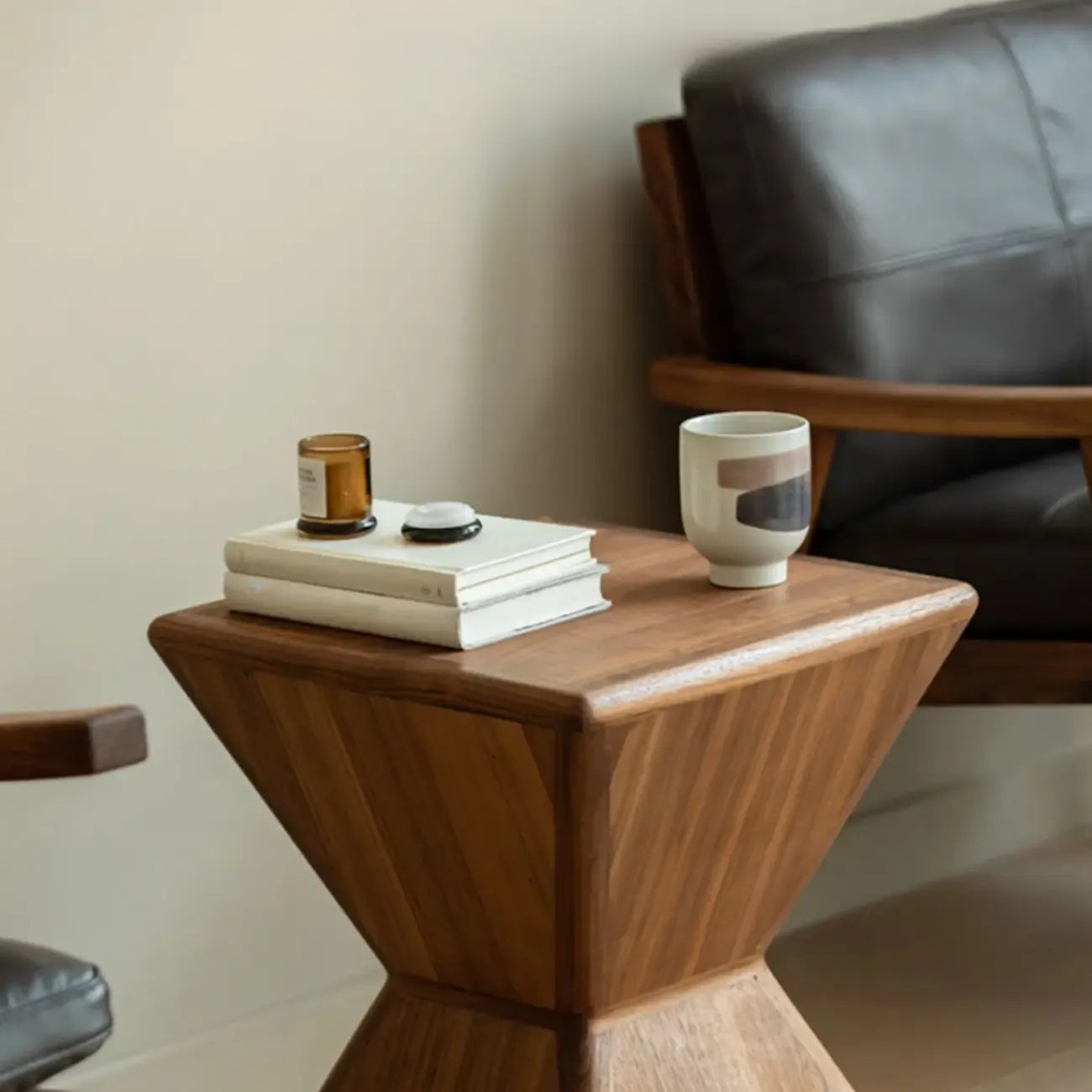 Small Art Deco Geometric Wood Side Table for Living Room