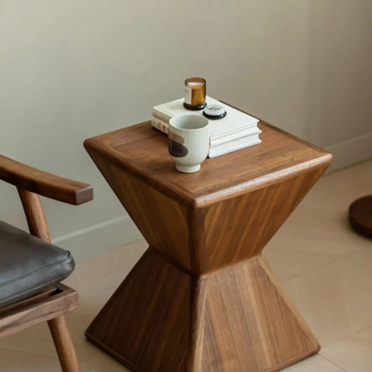 Small Art Deco Geometric Wood Side Table for Living Room