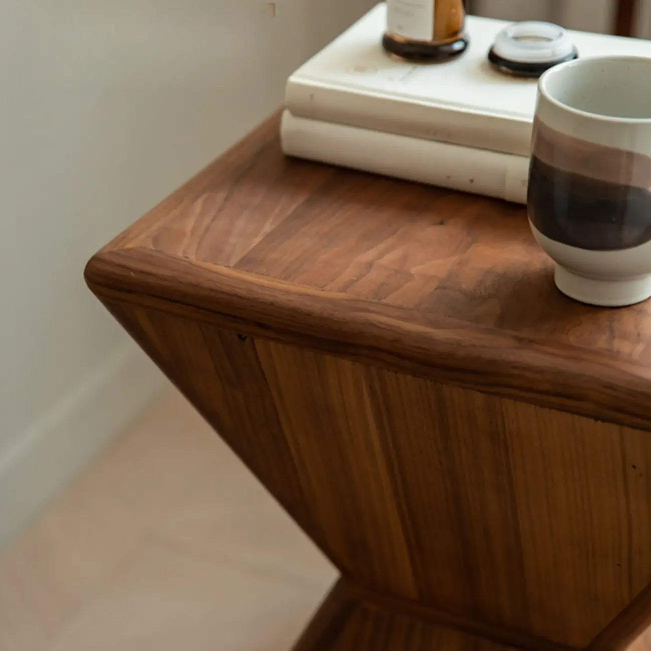 Small Art Deco Geometric Wood Side Table for Living Room