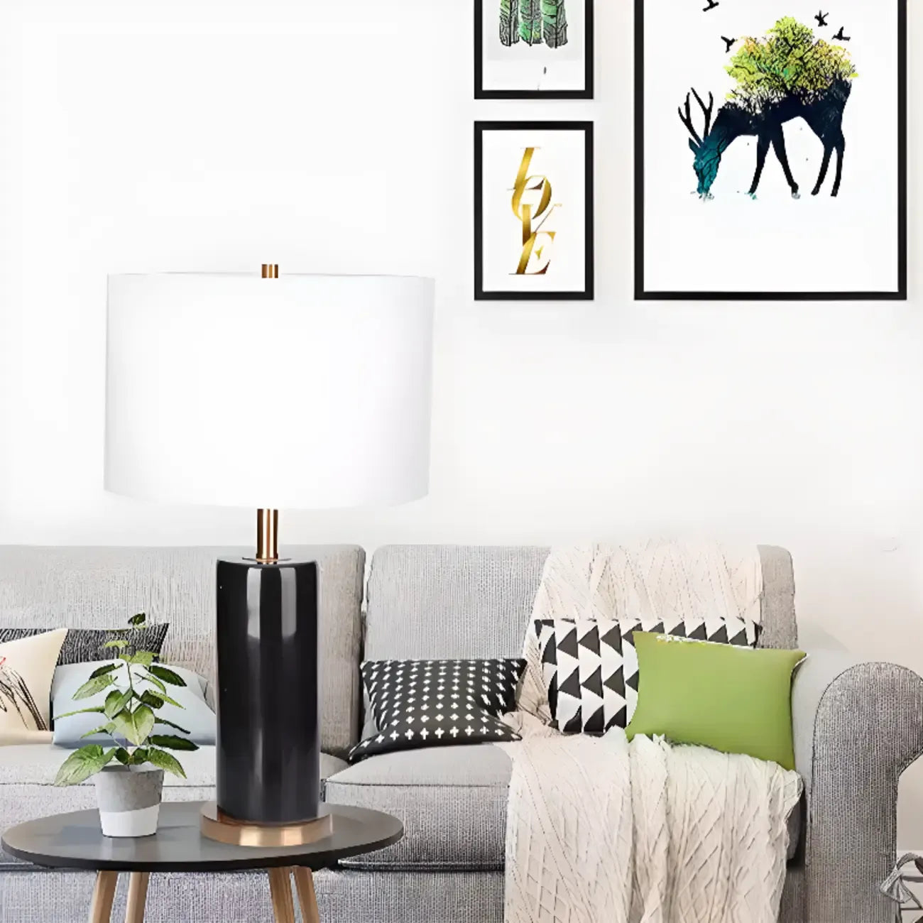 Modern Stone Table Lamp with Fabric Shade, LED Compatible