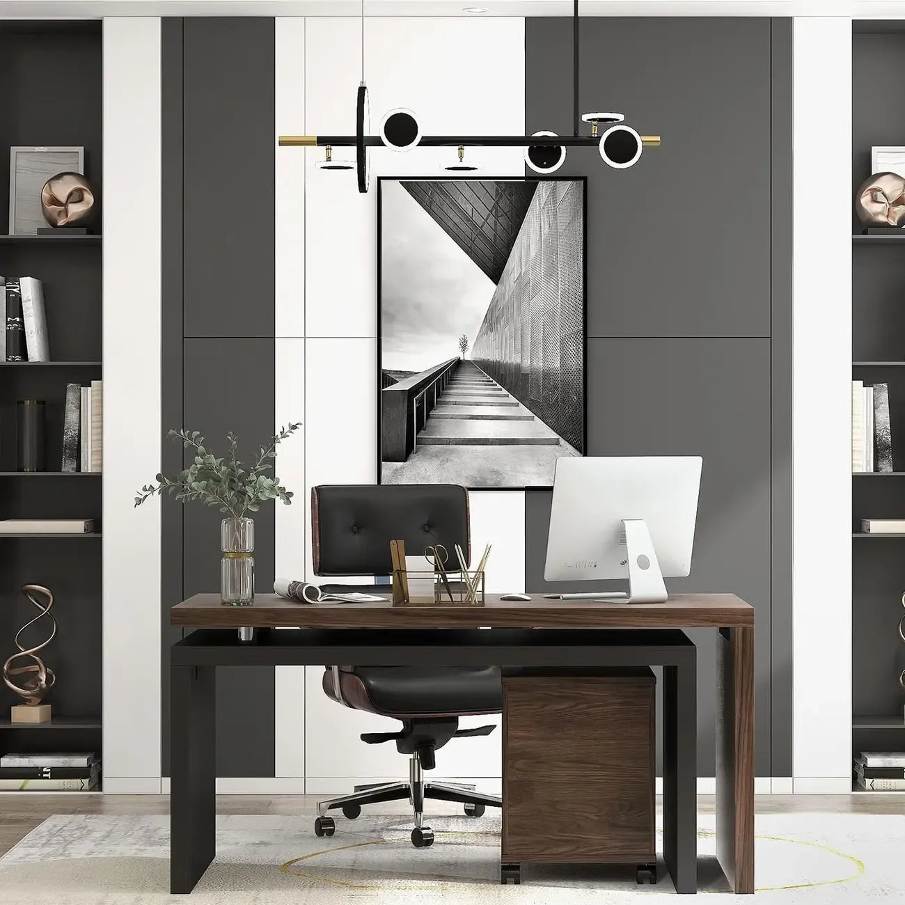 Modern Wood Leather Adjustable Swivel Black Executive Chair