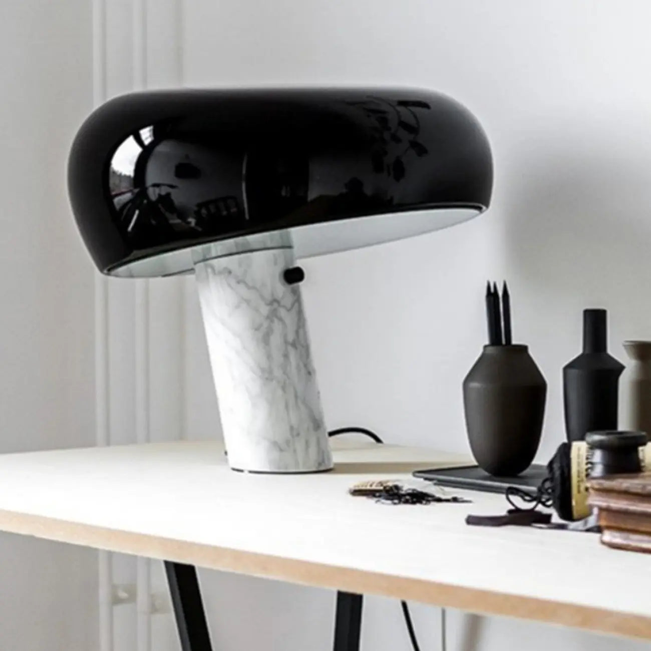 Modern Geometric Stone & Iron LED Table Lamp, Black