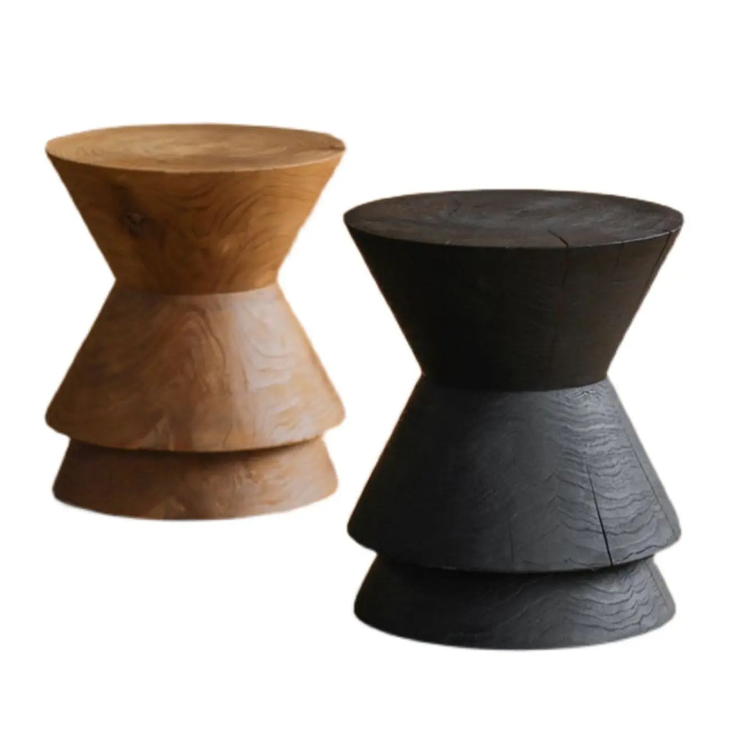 Small Round Modern Pine Wood Side Table with Drum Base