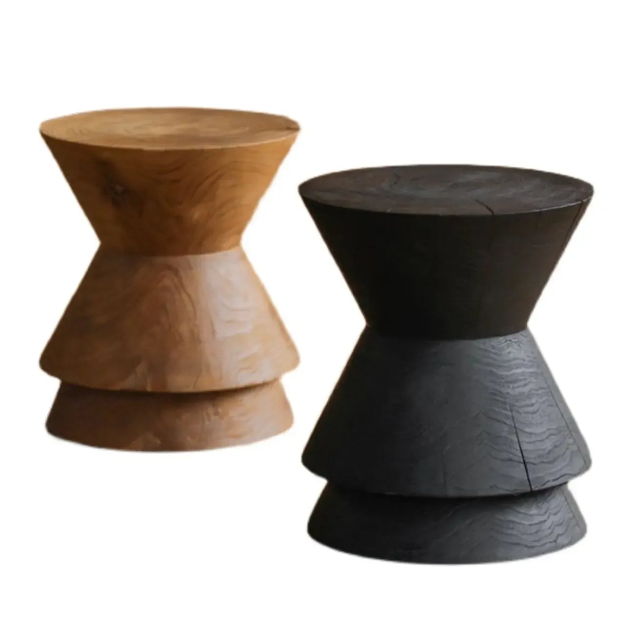 Small Round Modern Pine Wood Side Table with Drum Base