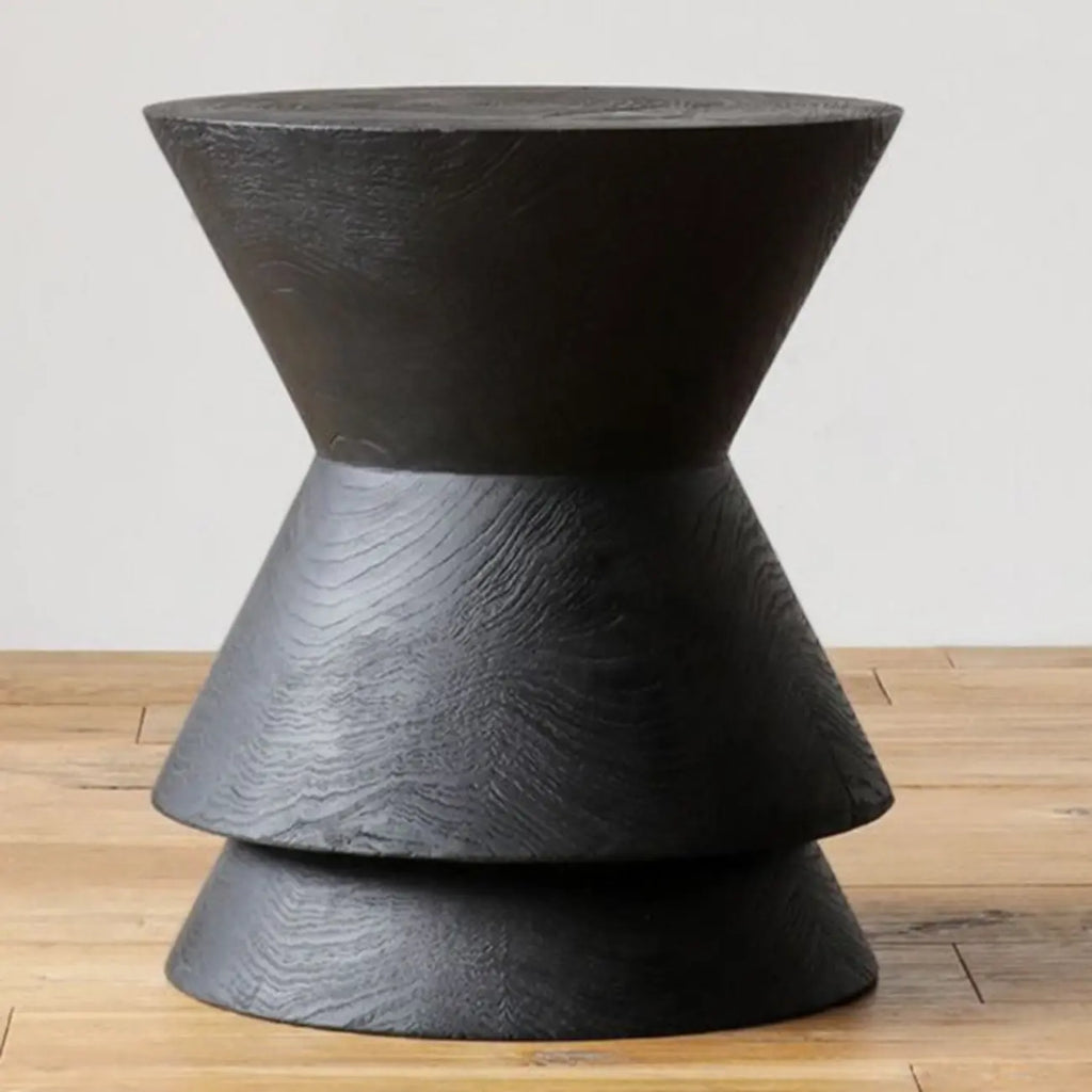 Small Round Modern Pine Wood Side Table with Drum Base