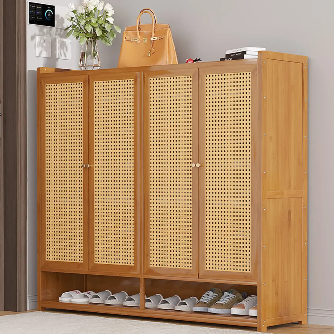 Bohemian Bamboo Entryway Shoe Cabinet with Rattan Doors