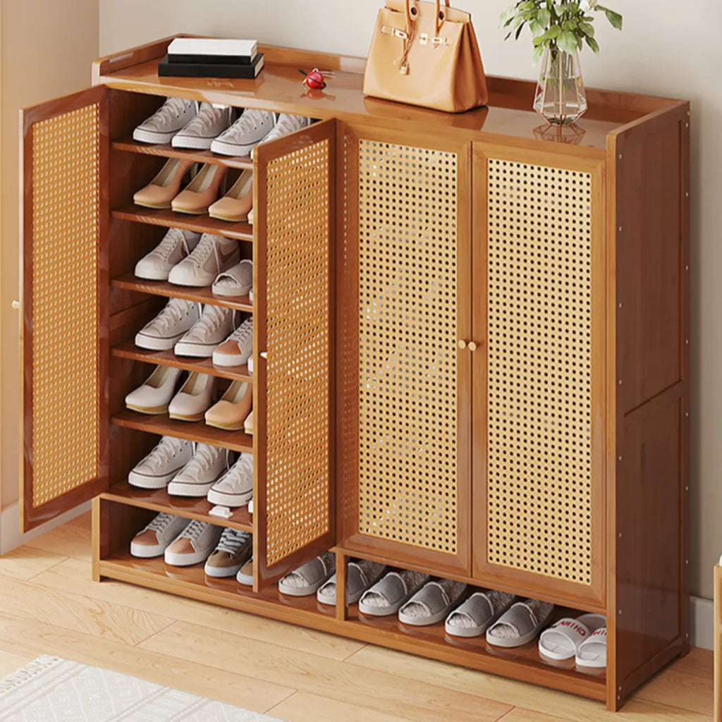 Bohemian Bamboo Entryway Shoe Cabinet with Rattan Doors