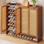 Bohemian Bamboo Entryway Shoe Cabinet with Rattan Doors