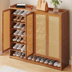 Bohemian Bamboo Entryway Shoe Cabinet with Rattan Doors