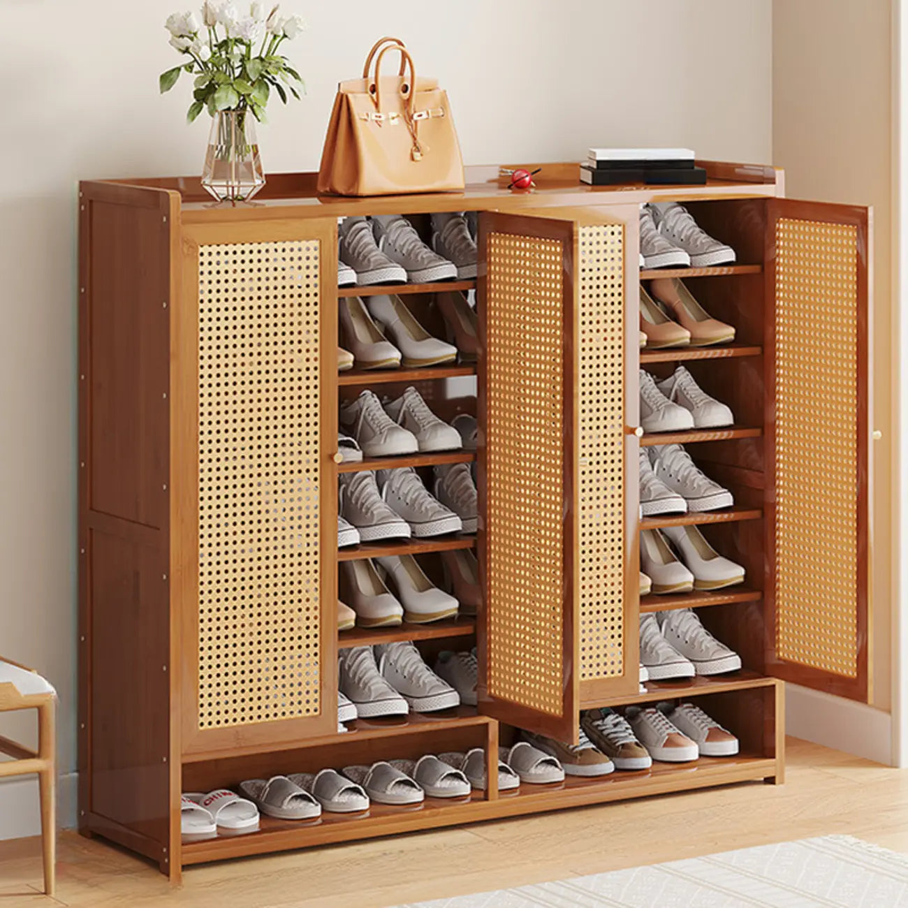 Bohemian Bamboo Entryway Shoe Cabinet with Rattan Doors