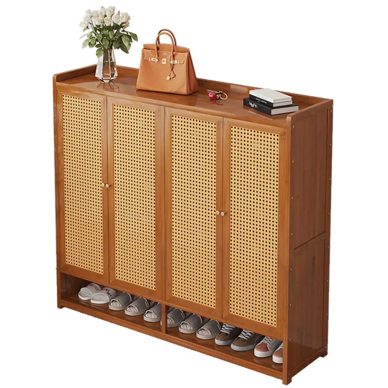 Bohemian Bamboo Entryway Shoe Cabinet with Rattan Doors