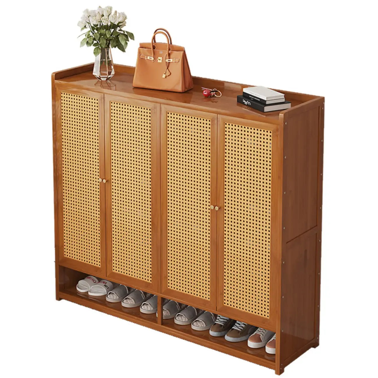 Bohemian Bamboo Entryway Shoe Cabinet with Rattan Doors