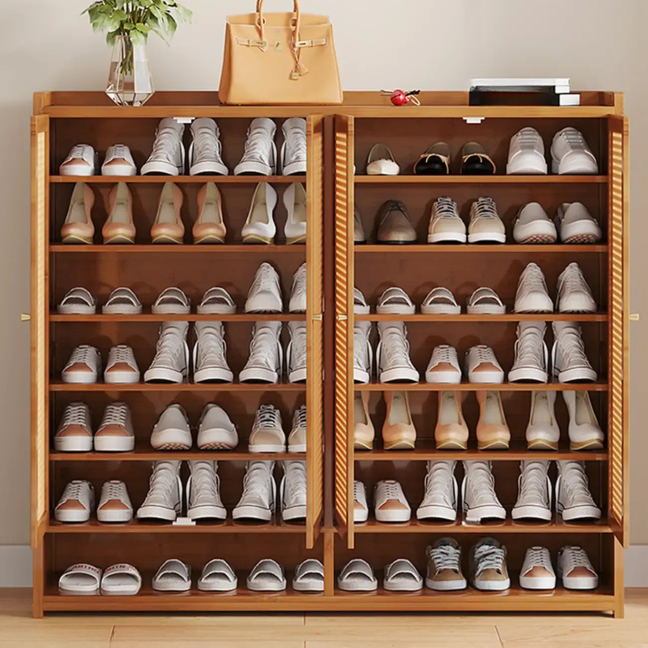 Bohemian Bamboo Entryway Shoe Cabinet with Rattan Doors
