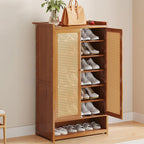 Bohemian Bamboo Entryway Shoe Cabinet with Rattan Doors
