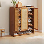 Bohemian Bamboo Entryway Shoe Cabinet with Rattan Doors