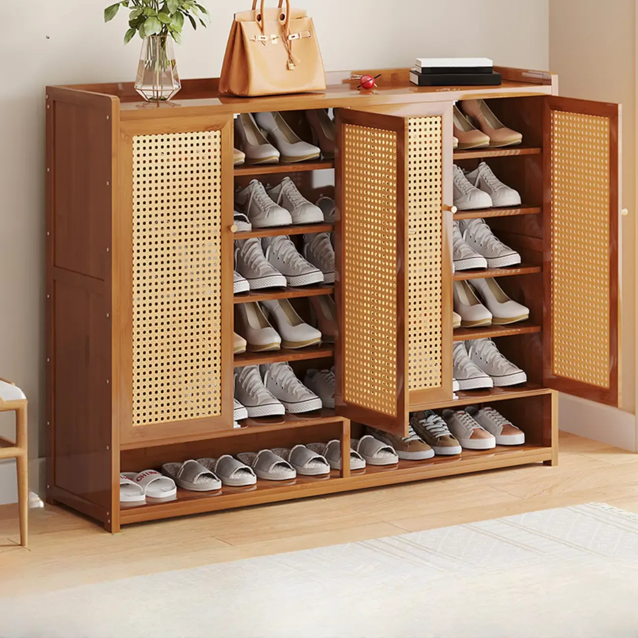 Bohemian Bamboo Entryway Shoe Cabinet with Rattan Doors