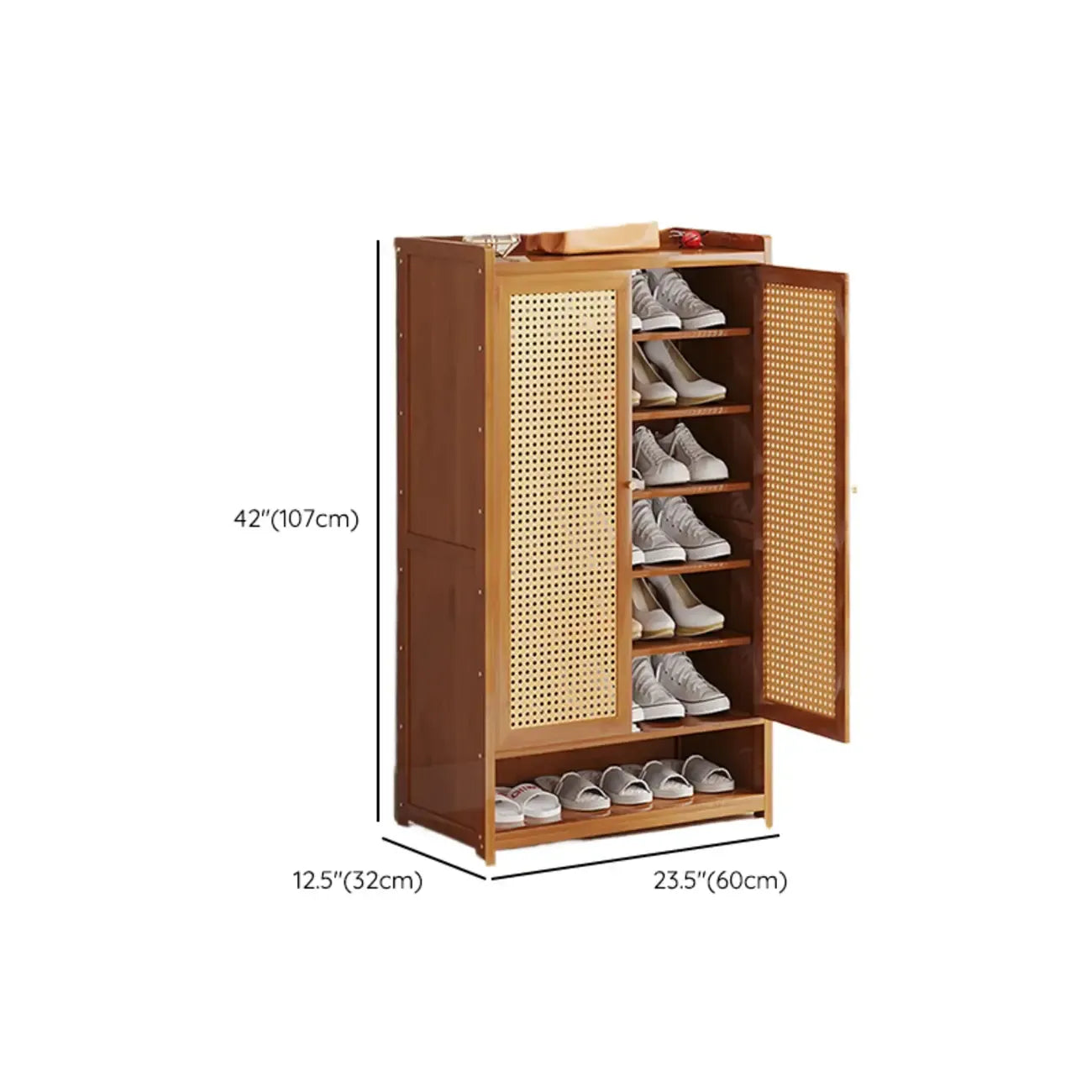 Bohemian Bamboo Entryway Shoe Cabinet with Rattan Doors