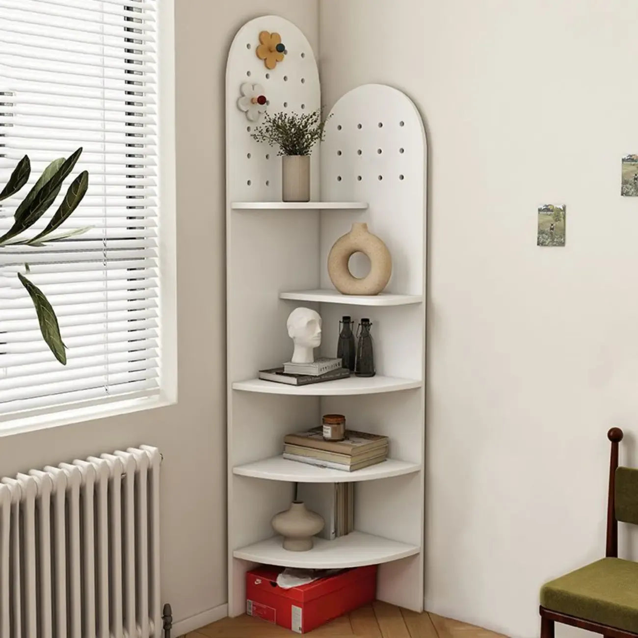 Avocado Green Wood Corner Storage Art Display Cabinet