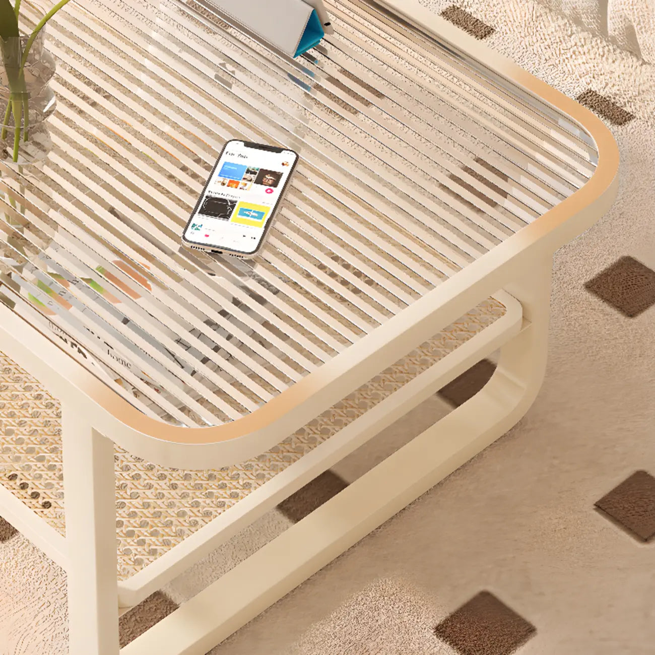 Modern White Rectangle Glass Coffee Table with Shelf
