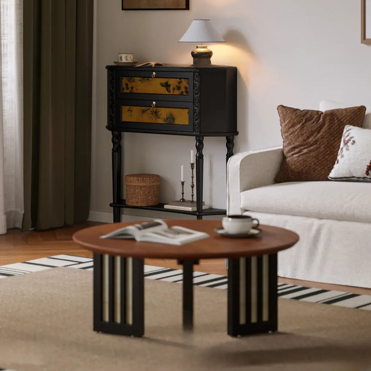 Black Wood 2-Drawer Console Table with Floor Shelf